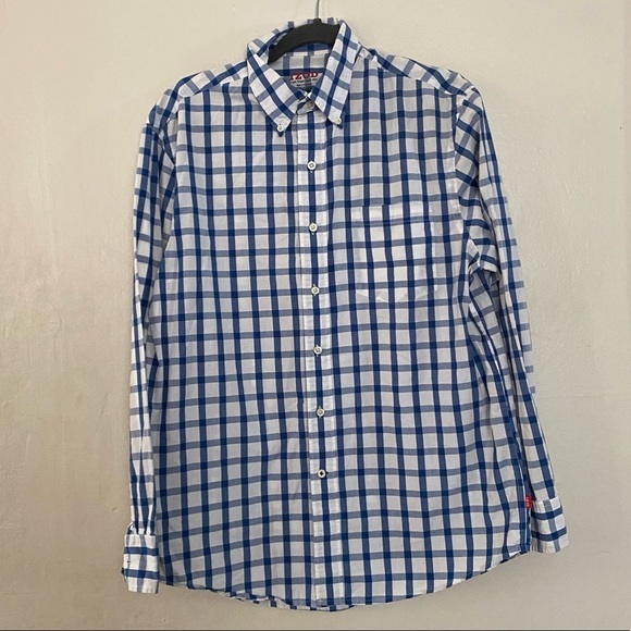 IZOD Lightweight Poplin Blue White Checkered Print Button Down Shirt Mens Medium - Picture 7 of 7